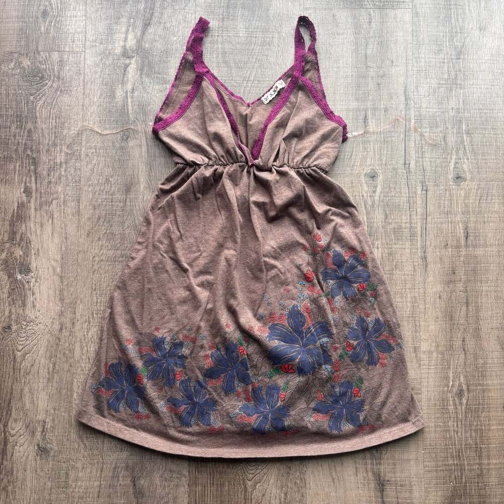 Brown Floral Babydoll Camisole Mini Dress with Purple Lace Trim